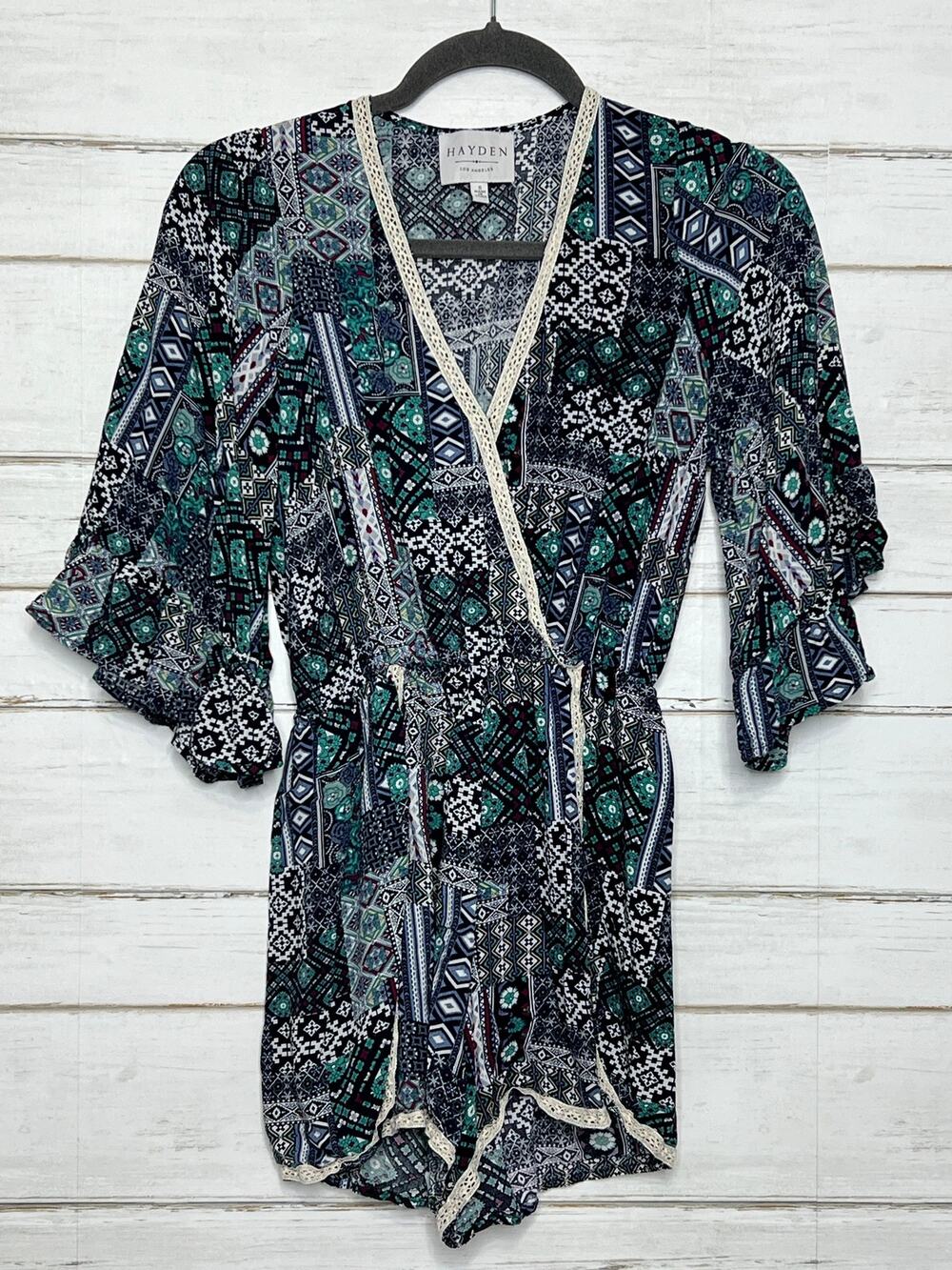 Hayden Boho Tribal Print Romper Size Small Blue Green Crochet Trim